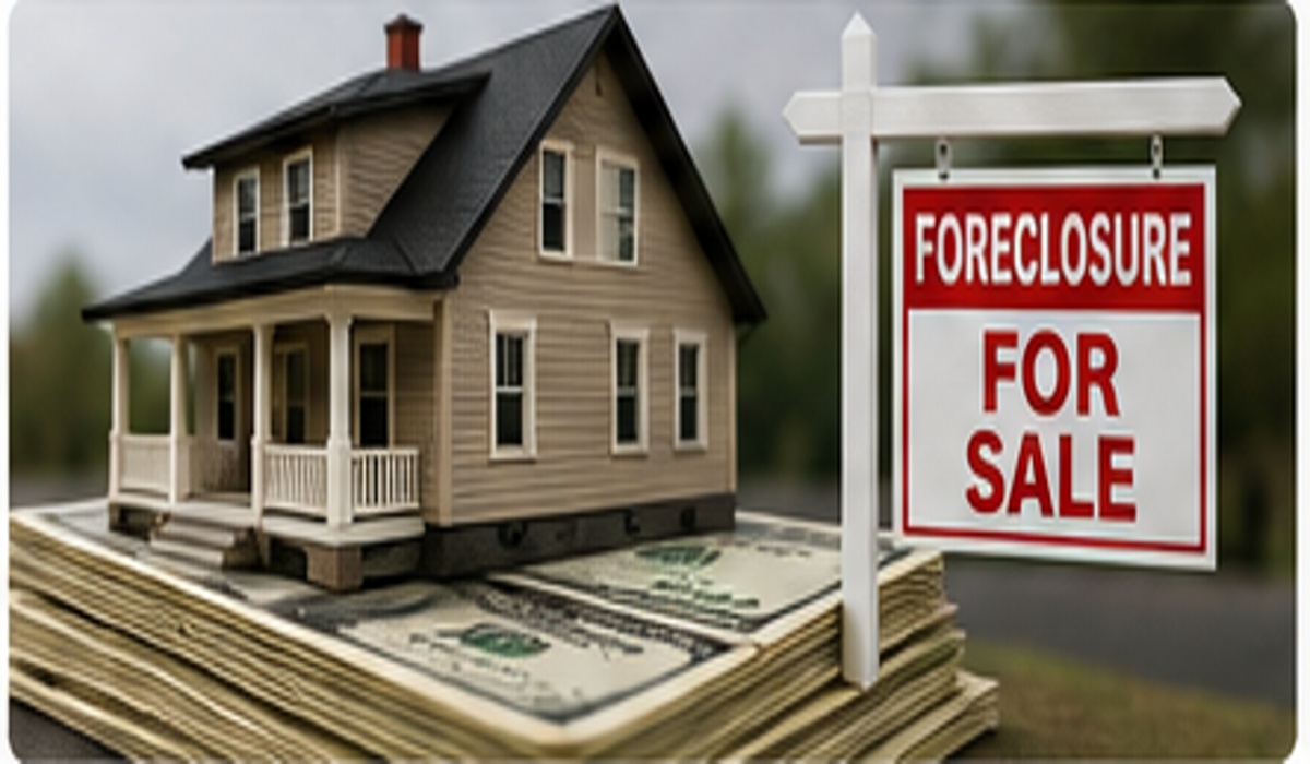 House with money and a foreclosure for sale sign